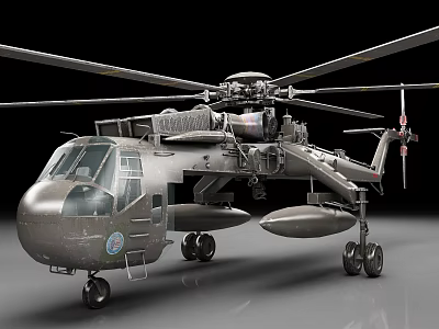 Military Transport Helicopter With Large Rotor System Gray Metallic Body And Landing Gear 3d model
