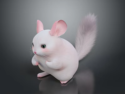Cute White Chinchilla with Pink Ears Fluffy Tail Standing on Dark Background 3d model