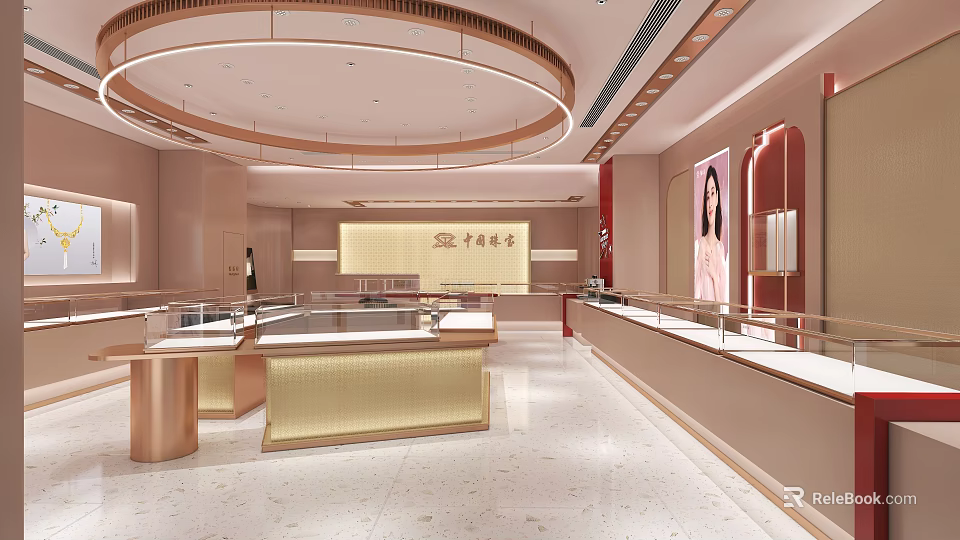 Elegant Modern Jewelry Store Interior With Glass Display Cases And Gold Accents 3d model 