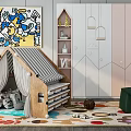 Modern Kids Wardrobe Interior With Colorful Rug Abstract Painting And Mountain Wall