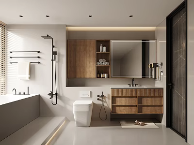 Modern Bathroom Interior With Bathtub Toilet Wooden Vanity Mirror And Cabinets 3d model