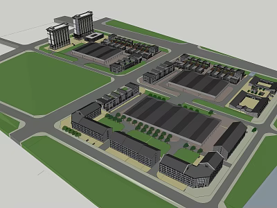 Modern Commercial Street With Multi story Buildings Open Plazas Green Areas And Roads 3d model