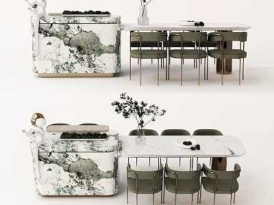 Elegant Modern Dining Table Set With Marble Top Green Chairs And Side Cabinet 3d model