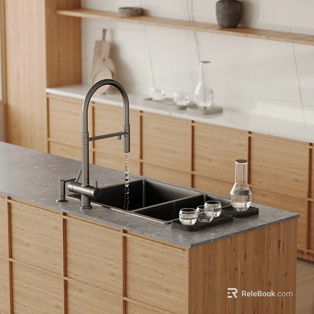 Modern Kitchen Sink with Faucet on Gray Countertop and Wooden Cabinets 3d model 