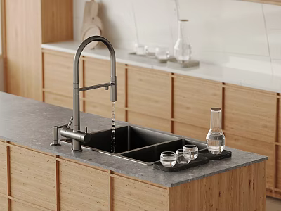 Modern Kitchen Sink with Faucet on Gray Countertop and Wooden Cabinets 3d model
