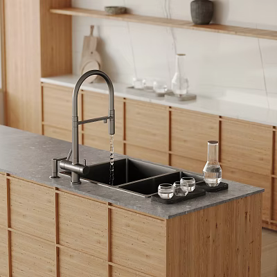 Modern Kitchen Sink with Faucet on Gray Countertop and Wooden Cabinets 3d model