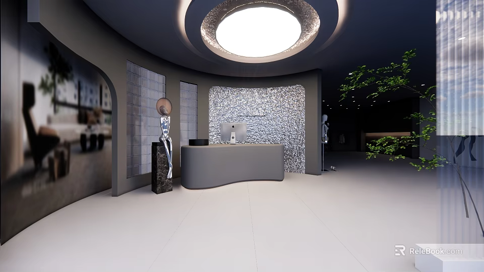 Modern Reception Desk with Circular Ceiling Light Stone Backdrop Green Plants and Mannequin 3d model 