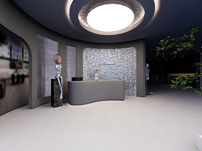 Modern Reception Desk with Circular Ceiling Light Stone Backdrop Green Plants and Mannequin 3d model