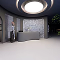 Modern Reception Desk with Circular Ceiling Light Stone Backdrop Green Plants and Mannequin