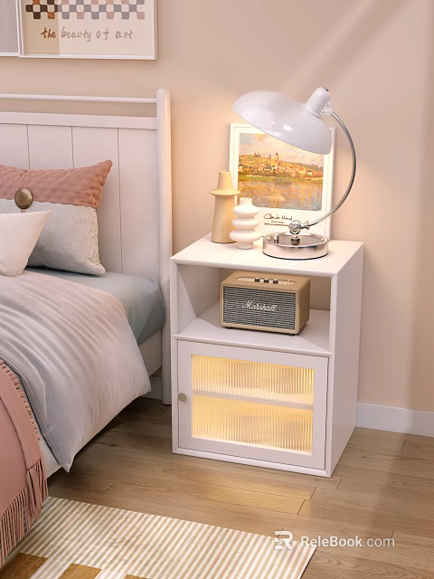 White Bedside Table Featuring Glass Door Storage Shelf Table Lamp Speaker And Built In Lighting 3d model 