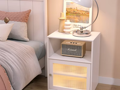 White Bedside Table Featuring Glass Door Storage Shelf Table Lamp Speaker And Built In Lighting 3d model