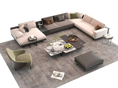Modern L Shaped Sofa Coffee Table Set with Cushions Fruits Decor Accent Chair Ottoman Rug 3d model