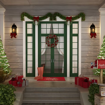 Christmas Decorated Front Entry Door With Wreath Red Bows Lanterns Gift Boxes And Welcome Mat 3d model