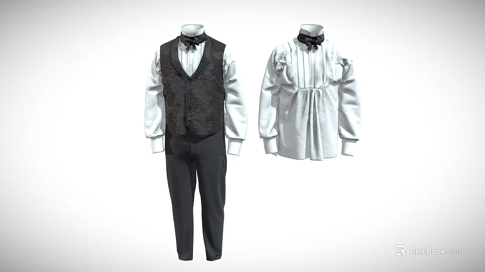 Men Women Formal Attire With Patterned Vest Bow Collar Blouse And Pants 3d model 
