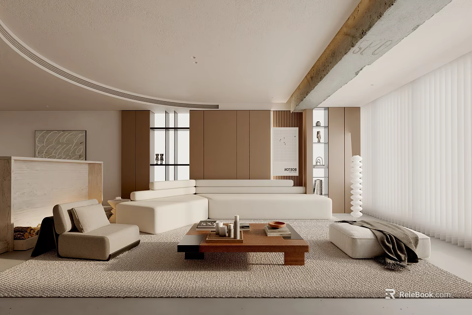 Minimalist Modern Living Room Interior With White Sofa Beige Armchair And Wooden Coffee Table 3d model 
