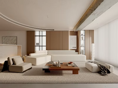 Minimalist Modern Living Room Interior With White Sofa Beige Armchair And Wooden Coffee Table 3d model