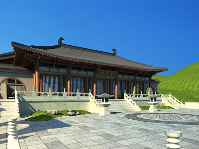 Ancient Chinese Architecture Featuring Traditional Roof Overhanging Eaves Stone Steps Plaza Green Hillside Blue Sky 3d model