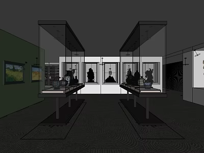 Public Office Space Interior With Glass Display Cases And Exhibits On Pedestals 3d model