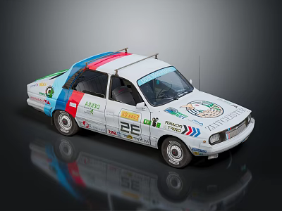 Vintage Rally Racing Car with Sponsors Stickers Number 32 and Colorful Stripes 3d model