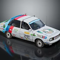 Vintage Rally Racing Car with Sponsors Stickers Number 32 and Colorful Stripes
