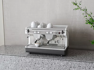 Elegant Espresso Machine with White Cups on Grey Countertop near Green Plant 3d model