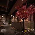 Japanese Style Restaurant Interior With Wooden Reception Counter And Red Decorative Tree