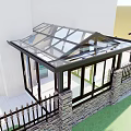 Modern Glass Roof Garden Pavilion with Transparent Geometric Structure and Stone Wall Railing