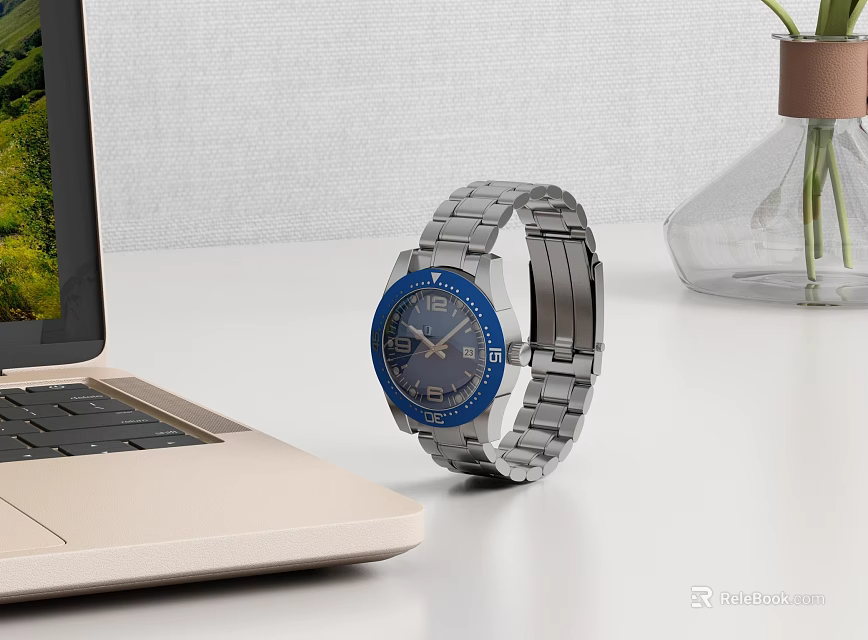Elegant Watch with Blue Dial and Silver Stainless Steel Band on White Table with Laptop 3d model 