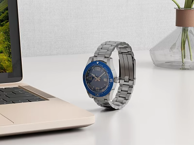 Elegant Watch with Blue Dial and Silver Stainless Steel Band on White Table with Laptop 3d model