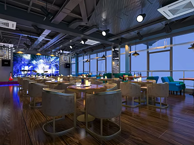 Modern Bar Interior Design With Round Tables Chairs Lighting And Large Windows View 3d model