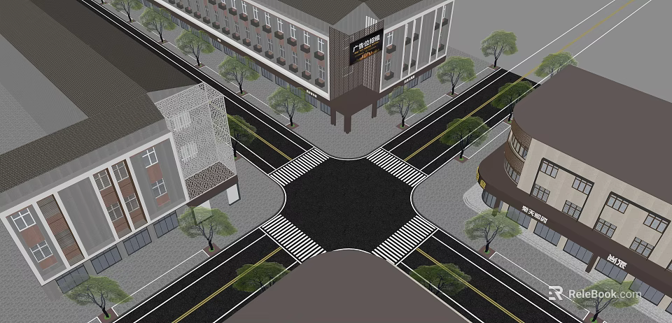 Urban Modern Commercial Complex Architecture With Surrounding Streets And Green Trees 3d model 