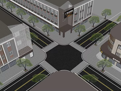 Urban Modern Commercial Complex Architecture With Surrounding Streets And Green Trees 3d model