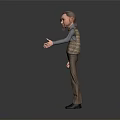 3D Male Character in Striped Vest Long Sleeve Shirt Brown Pants with Outstretched Hand on Gray Background