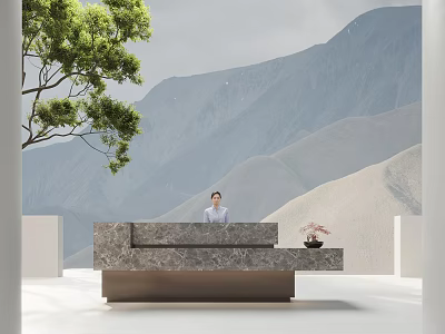 Marble Reception Desk With Mountain Backdrop Green Tree Featuring Flower Vase and Person Standing Behind 3d model
