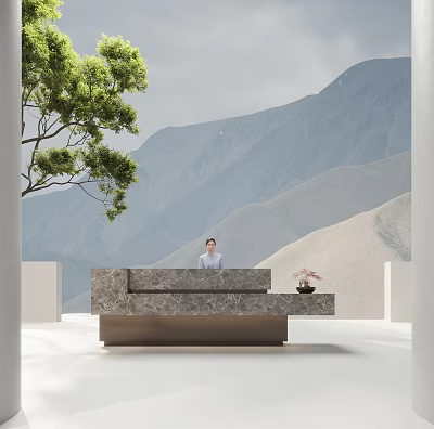 Marble Reception Desk With Mountain Backdrop Green Tree Featuring Flower Vase and Person Standing Behind 3d model