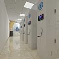 Modern Locker Corridor With Numbered Storage Units Digital Screens And Tiled Floor 3d model