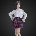 A Woman in Off Shoulder White Blouse and Purple Plaid Skirt with Hands on Hips