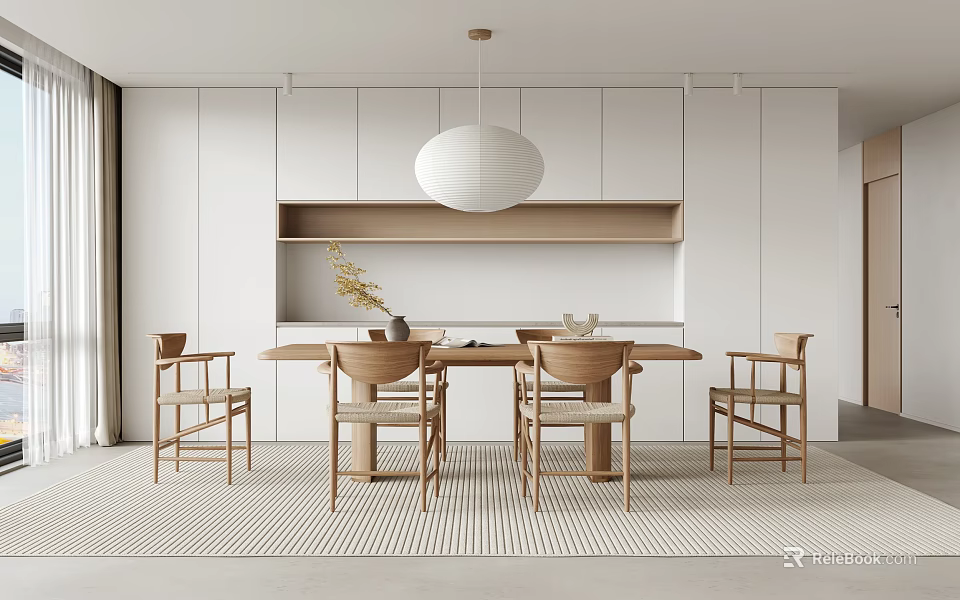 Modern Restaurant Interior Design With Wooden Dining Table Chairs White Pendant Light And Cabinets 3d model 