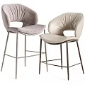 Modern Light Gray And Beige Bar Stools With Pleated Backrests And Metal Legs