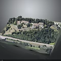 Architectural Building Model with Complex Structures Surrounded by Lush Trees and Greenery