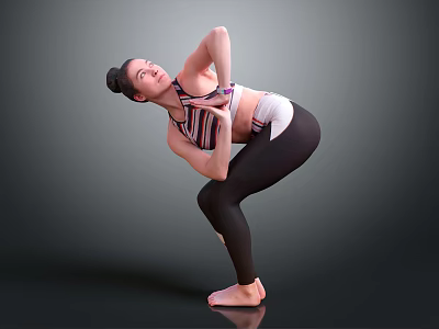 Woman Practicing Yoga Pose In Striped Sports Bra And Black Leggings On Grey Background 3d model