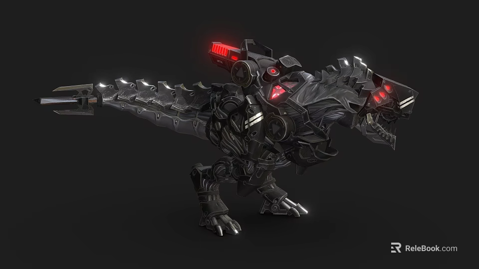 Mechanical Dinosaur Game Movie Character With Metal Armor And Red Glowing Eyes 3d model 