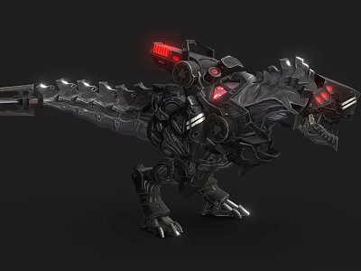 Mechanical Dinosaur Game Movie Character With Metal Armor And Red Glowing Eyes 3d model