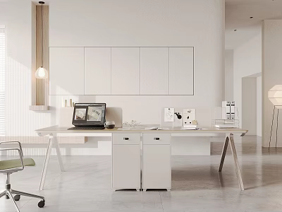 Modern Office Interior With Minimalist Desk White Cabinets And Ergonomic Chair 3d model