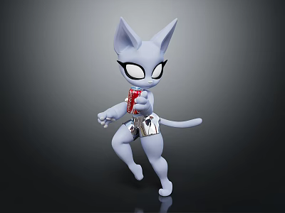 Stylized White Cat Character With Large Ears Holding Red Beverage and Patterned Shorts 3d model