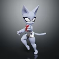 Stylized White Cat Character With Large Ears Holding Red Beverage and Patterned Shorts 3d model