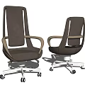 Modern Office Chair Featuring Brown Leather Wooden Armrests Metal Base And Wheels