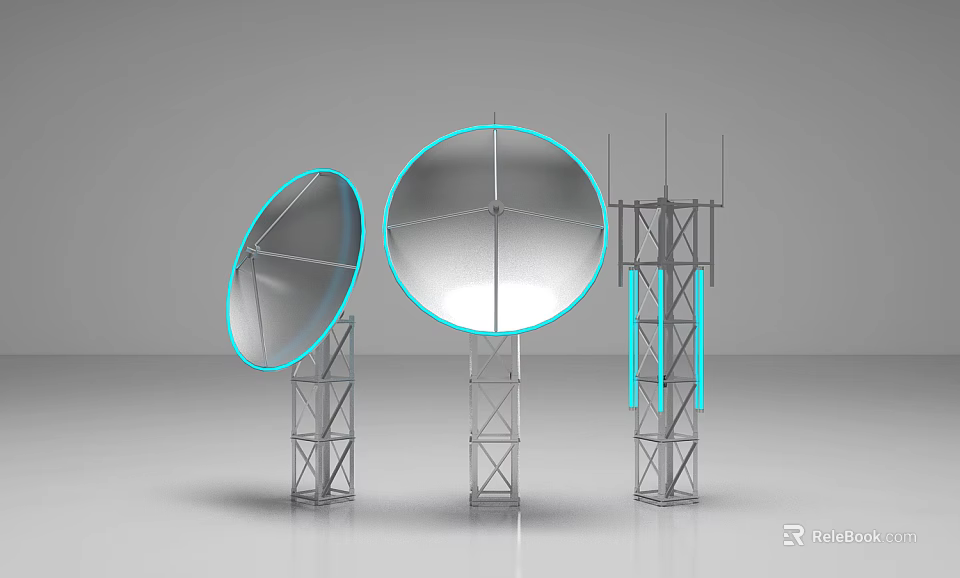Large Scale Industrial Equipment With Parabolic Reflectors Mounted On Metal Towers 3d model 