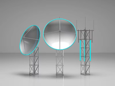 Large Scale Industrial Equipment With Parabolic Reflectors Mounted On Metal Towers 3d model