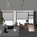 Modern Office Interior Design With Desk Chairs Sofa Plants And City View Blinds